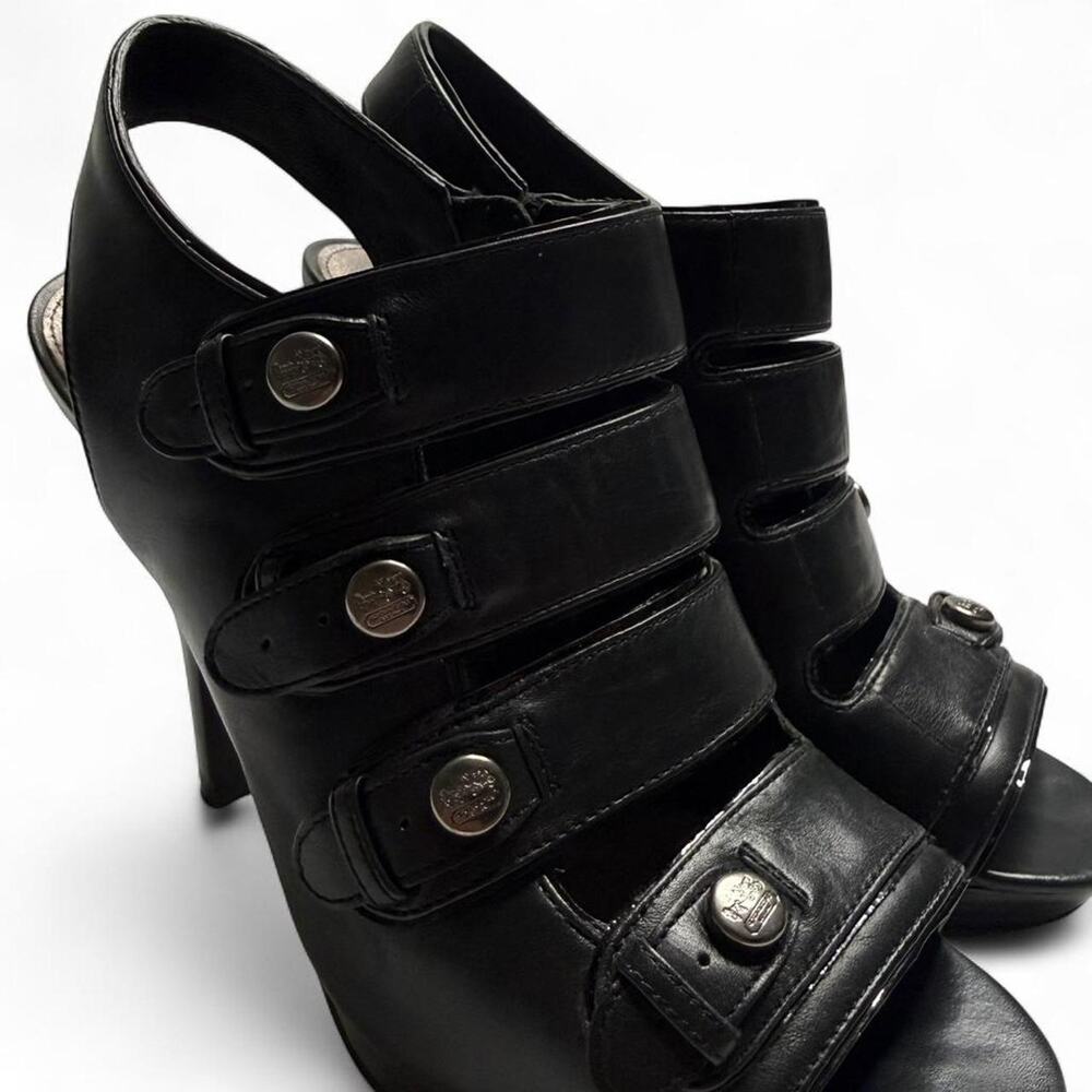 Coach Black Leather  Strapped  heels coach silver hardware size 8 Vintage Heels - Picture 2 of 8